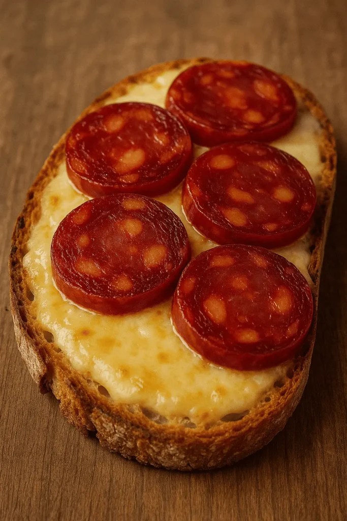 Tostada con Queso Fundido y Chorizo por encima
